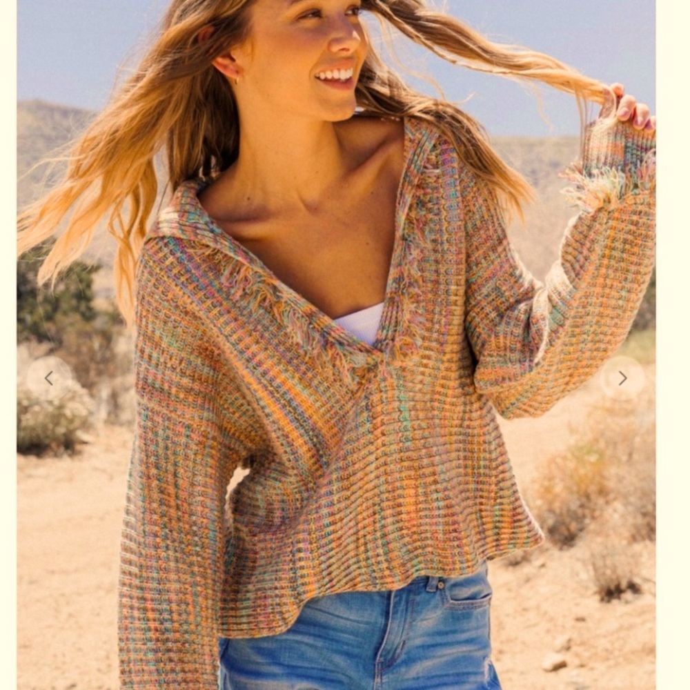 Boho Style Rainbow 🌈 V-neck Sweater, Poncho style top